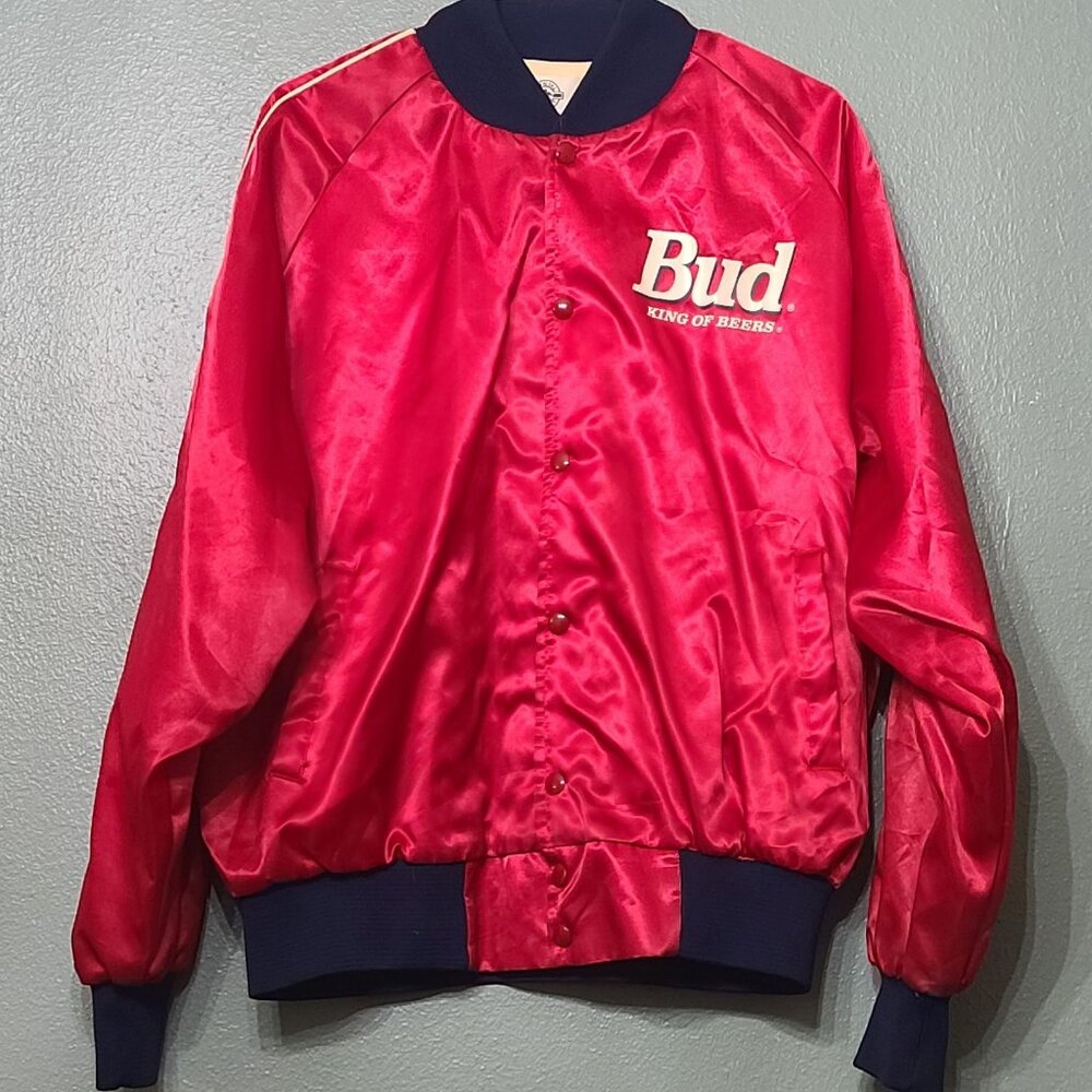 Vintage Men's Satin Bud King Of Beers Budweiser Red White Blue Snap Jacket L